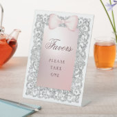 Silver Glitter Frame Pink Bow Favors 台座サイン (インサイチュ)