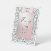 Silver Glitter Frame Pink Bow Favors 台座サイン (正面)