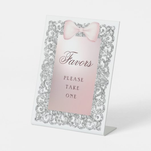 Silver Glitter Frame Pink Bow Favors 台座サイン (正面)