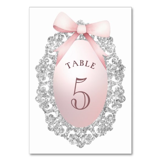 Silver Glitter Frame Pink Bow Table Number テーブルナンバー (正面)