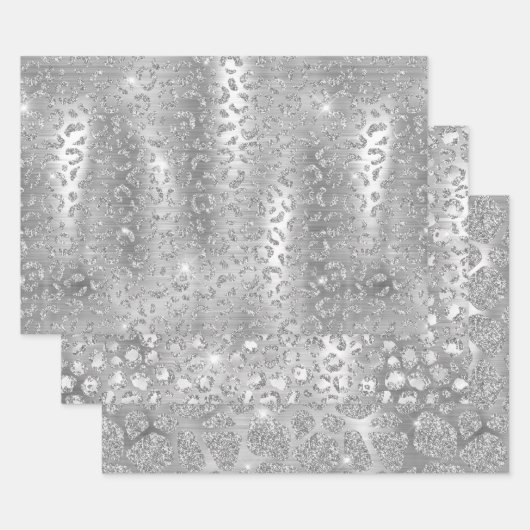 Silver Glitter Giraffe & Leopard Spots Patterns ラッピングペーパーシート (セット)