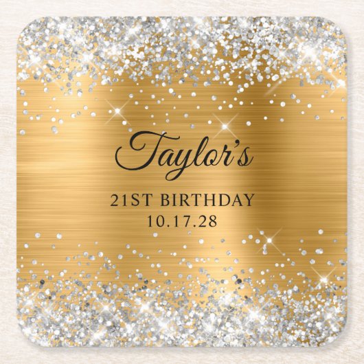 Silver Glitter Gold Foil 21st Birthday スクエアペーパーコースター (正面)