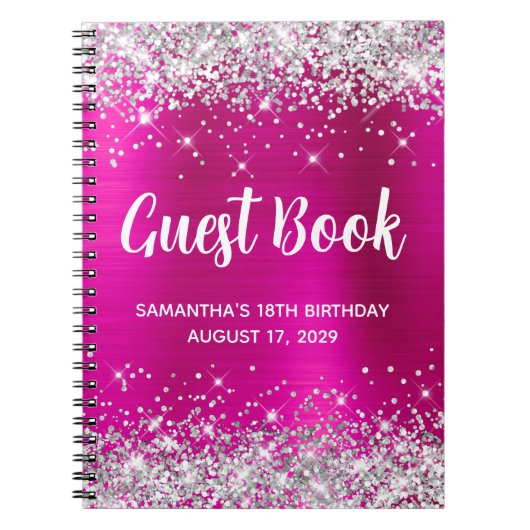 Silver Glitter Hot Pink 18th Birthday Guestbook ノートブック (正面)