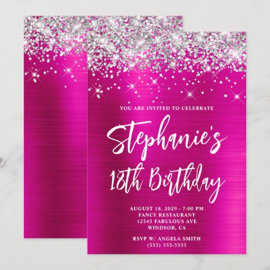 Silver Glitter Hot Pink Foil Bold 18th Birthday 招待状 (正面/裏面)