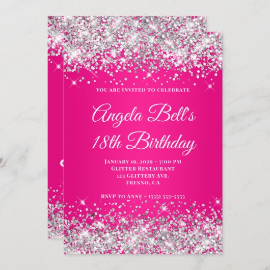 Silver Glitter Hot Pink Ombre 18th Birthday 招待状 (正面/裏面)