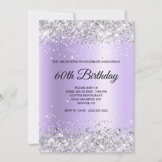 Silver Glitter Lavender Satin Foil 60th Birthday 招待状 (正面)
