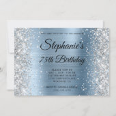 Silver Glitter Light Blue Monogram 75th Birthday 招待状 (正面)
