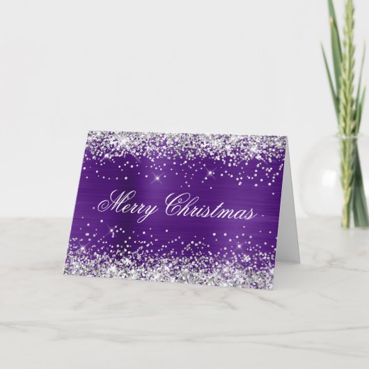 Silver Glitter Metallic Royal Purple Family Photo カード (正面)