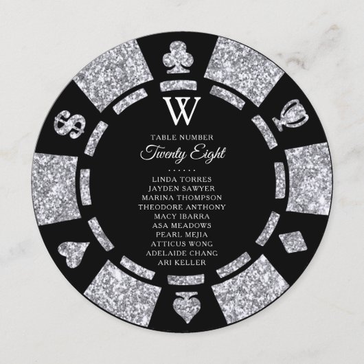 Silver Glitter Monogram Poker Chip Casino Wedding 招待状 (正面)