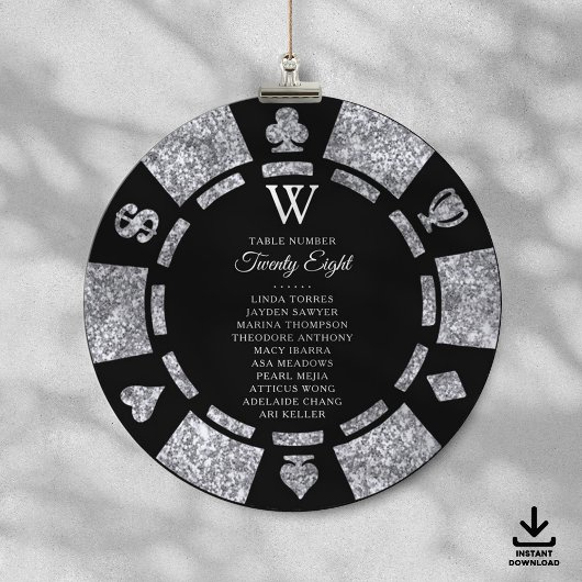 Silver Glitter Monogram Poker Chip Casino Wedding 招待状