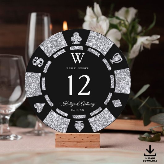 Silver Glitter Monogram Poker Chip Casino Wedding 招待状