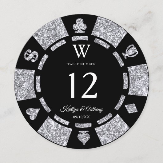 Silver Glitter Monogram Poker Chip Casino Wedding 招待状 (正面)