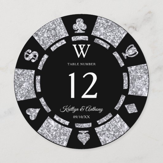 Silver Glitter Monogram Poker Chip Casino Wedding 招待状 (裏面)