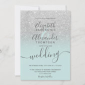 Silver glitter ombre sage green script wedding 招待状 (正面)