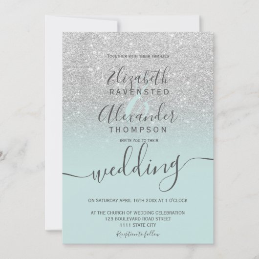 Silver glitter ombre sage green script wedding 招待状 (正面)