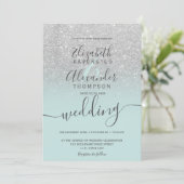 Silver glitter ombre sage green script wedding 招待状 (スタンド正面)