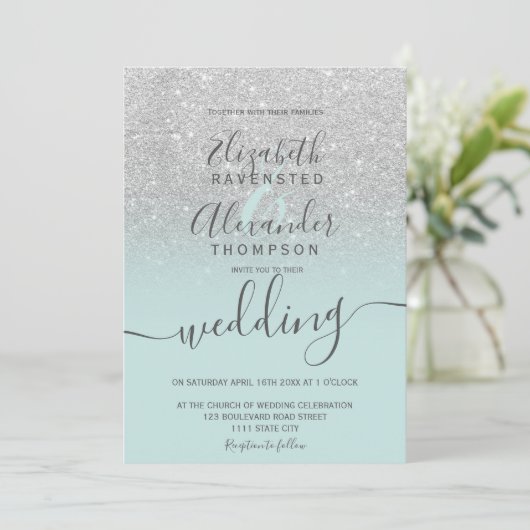 Silver glitter ombre sage green script wedding 招待状 (スタンド正面)