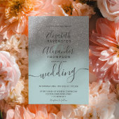 Silver glitter ombre sage green script wedding 招待状