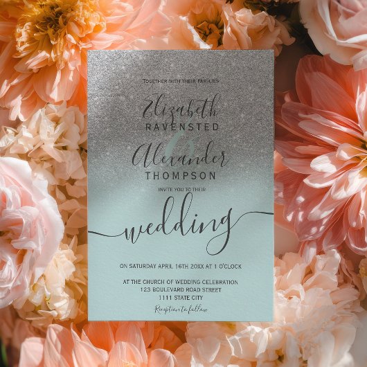 Silver glitter ombre sage green script wedding 招待状