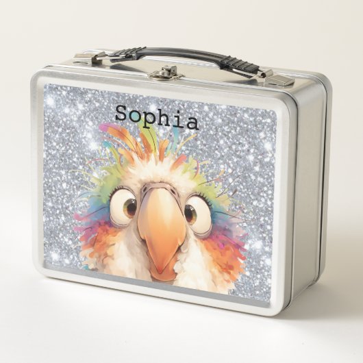 Silver Glitter Parrot Child's Lunch Box メタルランチボックス (正面)