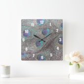 Silver glitter peacock feathers スクエア壁時計 (ホーム)