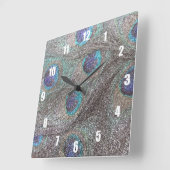 Silver glitter peacock feathers スクエア壁時計 (傾斜)