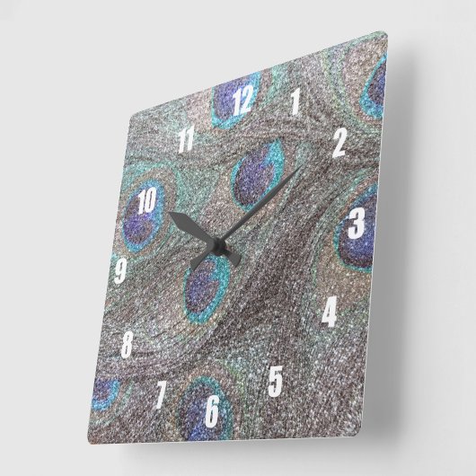 Silver glitter peacock feathers スクエア壁時計 (傾斜)