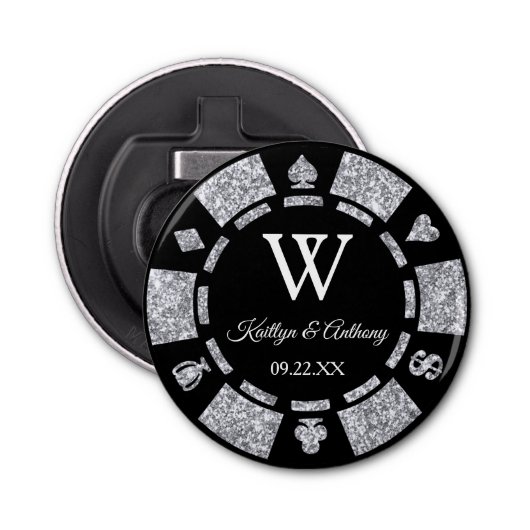 Silver Glitter Poker Chip Casino Wedding Favor 栓抜き (正面)