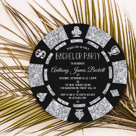 Silver Glitter Poker Chip Las Vegas Bachelor Party 招待状