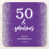 Silver Glitter Purple 50th Birthday Party スクエアペーパーコースター (正面)