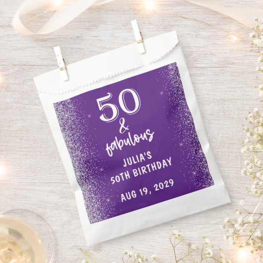 Silver Glitter Purple 50th Birthday Party フェイバーバッグ (クリップ留めされた状態)