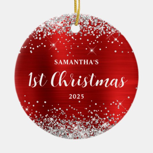 Silver Glitter Red Foil 1st Christmas セラミックオーナメント (正面)