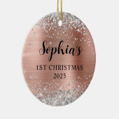 Silver Glitter Rose Gold Foil 1st Christmas Photo セラミックオーナメント (右)