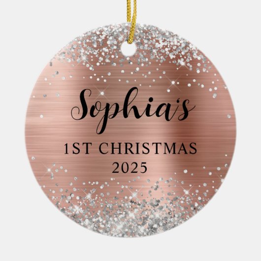 Silver Glitter Rose Gold Foil 1st Christmas Photo セラミックオーナメント (正面)