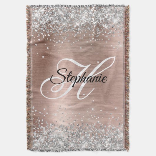 Silver Glitter Rose Gold Foil Fancy Monogram スローブランケット (正面縦)