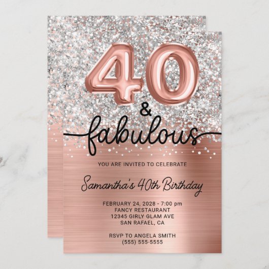 Silver Glitter Rose Gold Glam 40 and Fabulous 招待状 (正面/裏面)