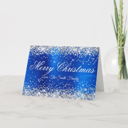 Silver Glitter Royal Blue Foil Family Photo カード (正面)