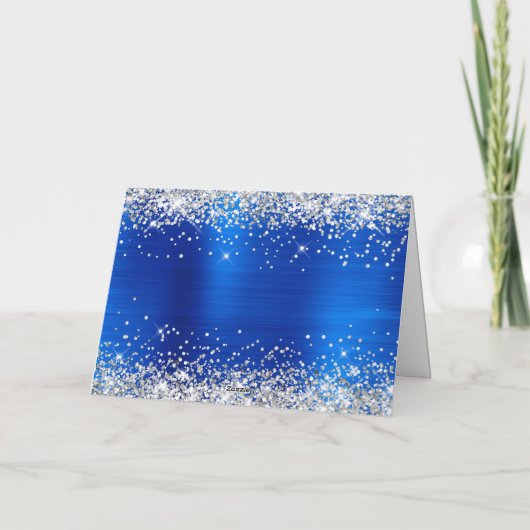 Silver Glitter Royal Blue Foil Merry Christmas カード (裏面)