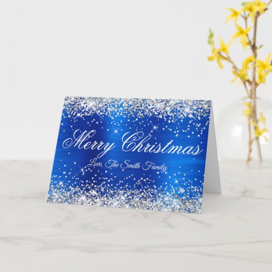 Silver Glitter Royal Blue Foil Merry Christmas カード (黄色い花)