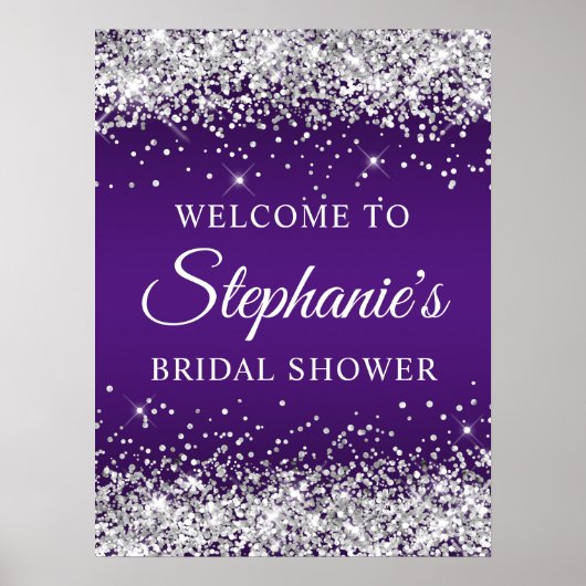 Silver Glitter Royal Purple Bridal Shower Welcome ポスター (正面)