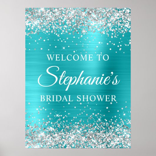 Silver Glitter Turqouise Blue Foil Bridal Shower ポスター (正面)