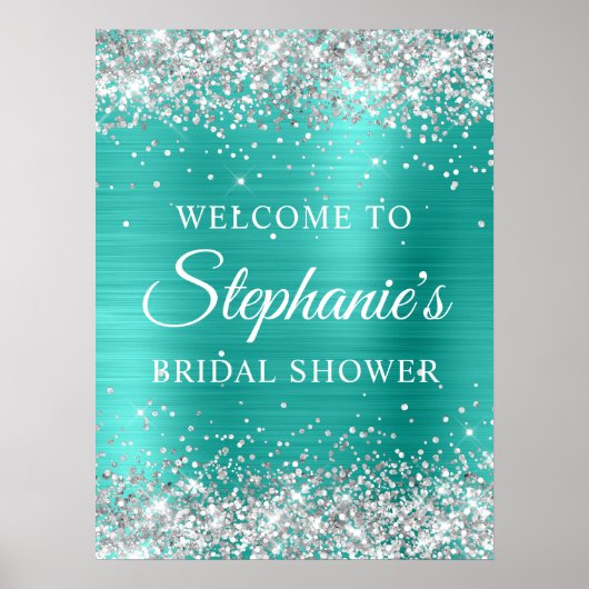 Silver Glitter Turqouise Foil Bridal Shower ポスター (正面)