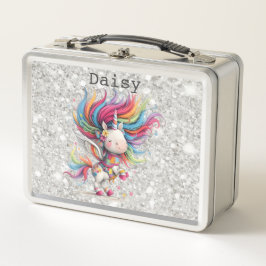 Silver Glitter Unicorn Child's Lunch Box メタルランチボックス