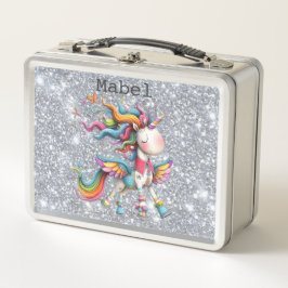 Silver Glitter Unicorn Child's Lunch Box メタルランチボックス