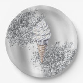 Silver Glitter Vanilla Ice Cream Cone Birthday ペーパープレート (正面)