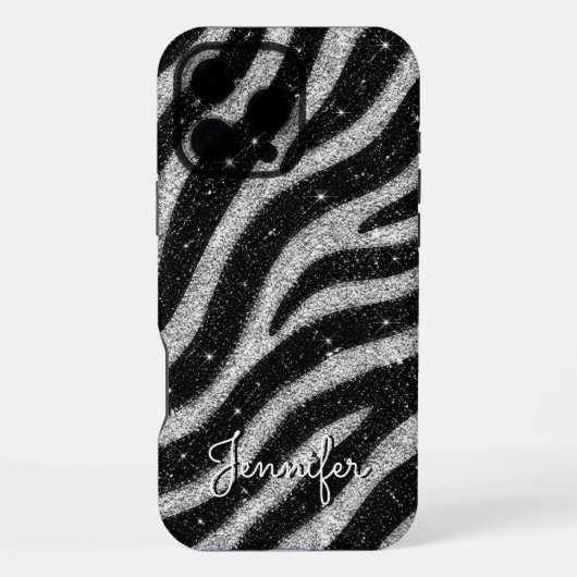 Silver Glitter Zebra Print Glam Personalized Name iPhoneケース (裏面)