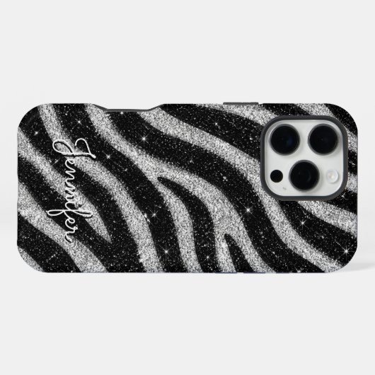 Silver Glitter Zebra Print Glam Personalized Name iPhoneケース (裏面横)