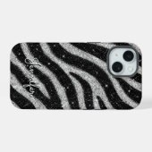 Silver Glitter Zebra Print Glam Personalized Name iPhone 15ケース (裏面横)