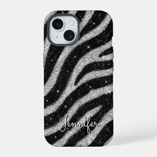 Silver Glitter Zebra Print Glam Personalized Name iPhone 15ケース (裏面)