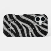 Silver Glitter Zebra Print Glam Personalized Name iPhone 16ケース (裏面横)